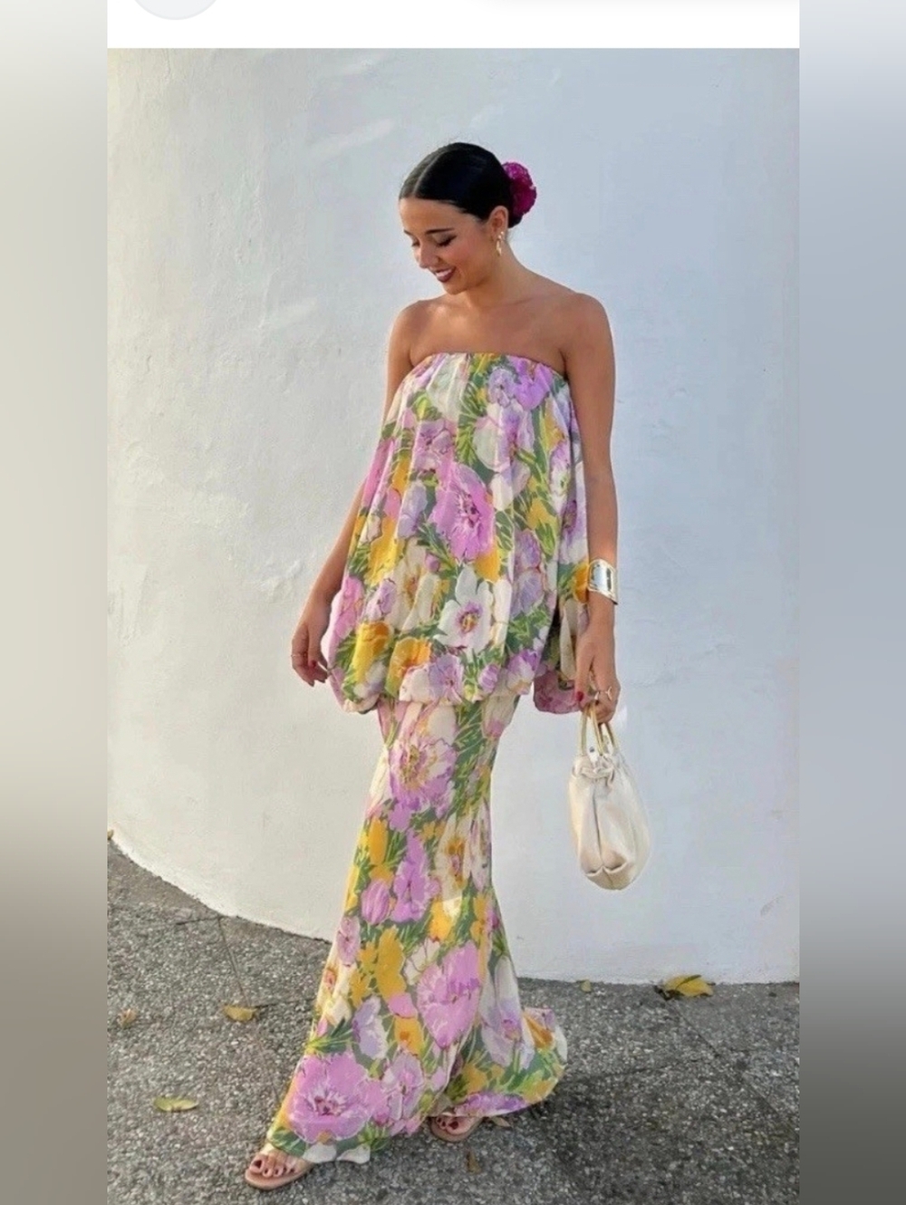 Zara Limited Edition Strapless floral chiffon print Maxi Dress